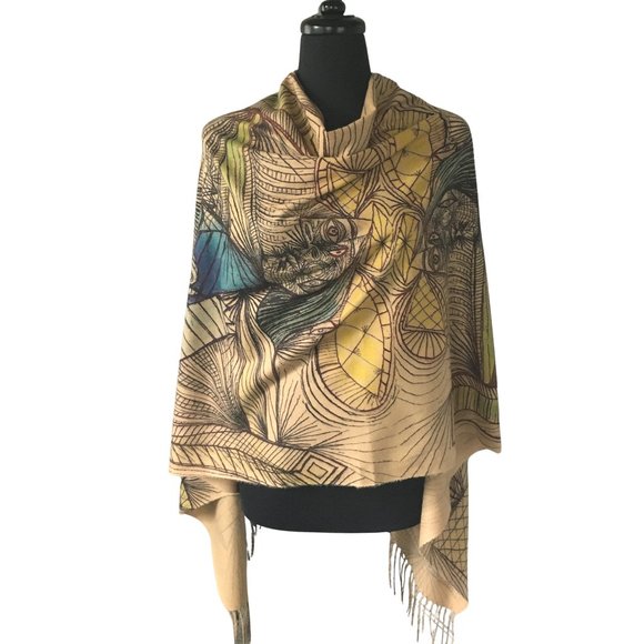 Cubist Abstract Art Line Drawing Flannel Buttoned Wrap Shawl Poncho Scarf - Picture 1 of 16